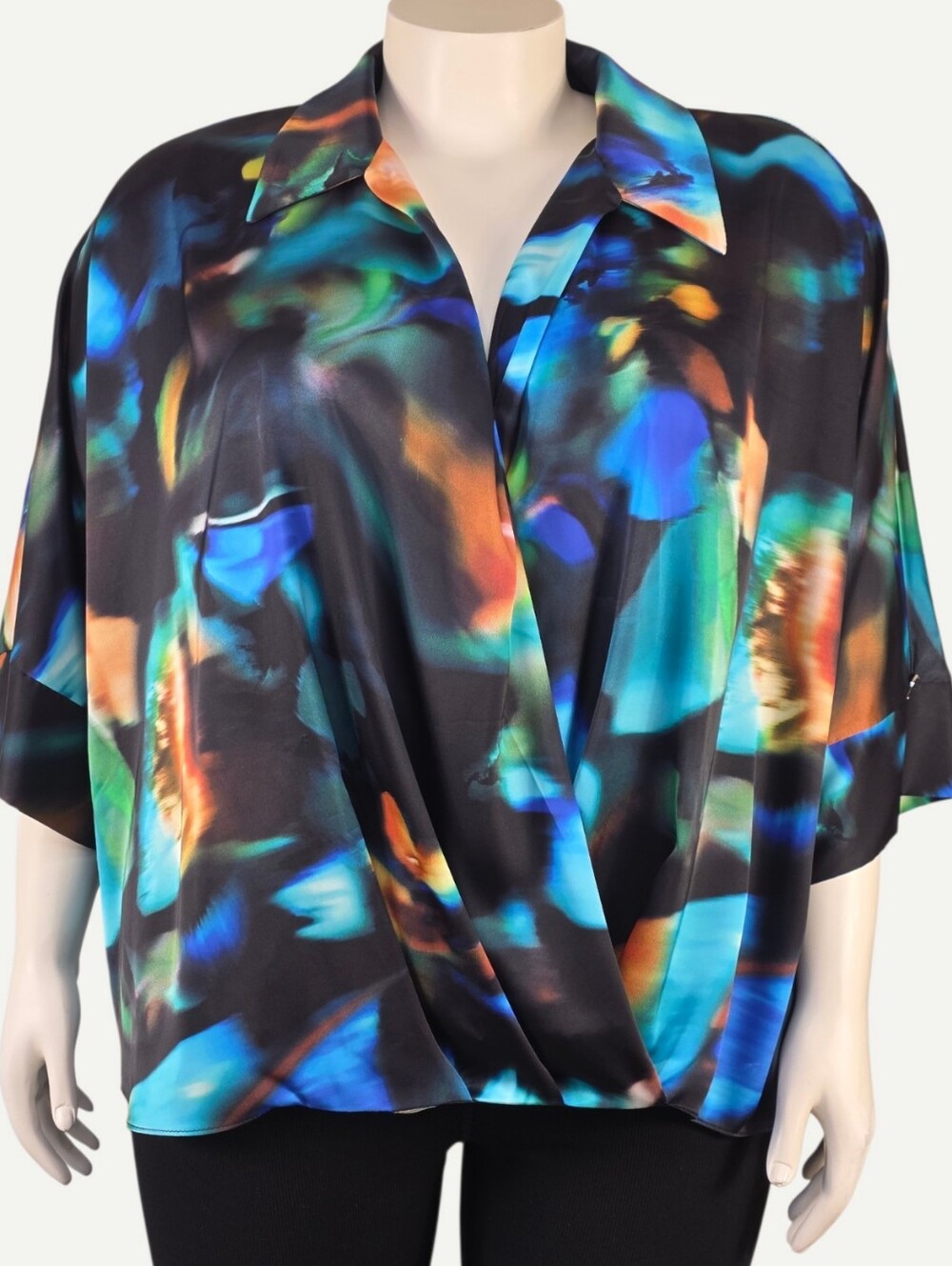 Joseph Ribkoff Abstract Satin Blouse Size 20 Black Multi High Low NWT